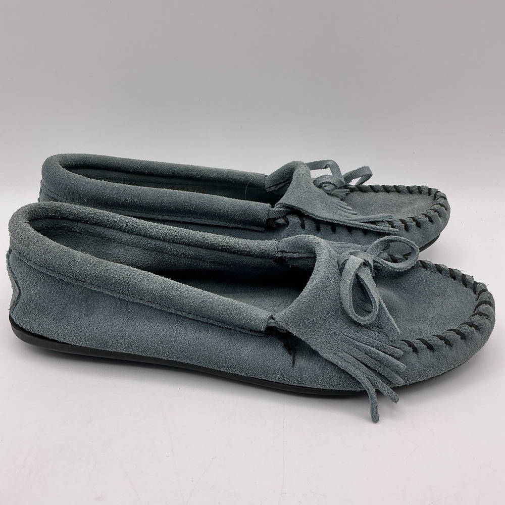 Minnetonka Kilty Moccasin Women Size 5 Storm Blue Suede Fringe 409